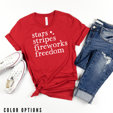 Load image into Gallery viewer, Summer Collection: Stars stripes fireworks freedom Unisex Short Sleeve T-shirt