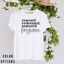 Load image into Gallery viewer, Rescued Redeemed Restored Forgiven Unisex short sleeve T-Shirt
