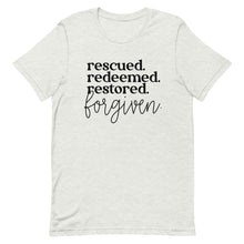 Load image into Gallery viewer, Rescued Redeemed Restored Forgiven Unisex short sleeve T-Shirt