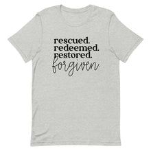 Load image into Gallery viewer, Rescued Redeemed Restored Forgiven Unisex short sleeve T-Shirt
