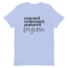 Load image into Gallery viewer, Rescued Redeemed Restored Forgiven Unisex short sleeve T-Shirt