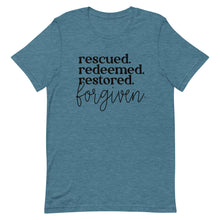 Load image into Gallery viewer, Rescued Redeemed Restored Forgiven Unisex short sleeve T-Shirt