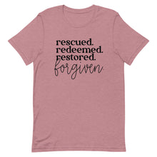 Load image into Gallery viewer, Rescued Redeemed Restored Forgiven Unisex short sleeve T-Shirt