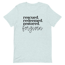 Load image into Gallery viewer, Rescued Redeemed Restored Forgiven Unisex short sleeve T-Shirt