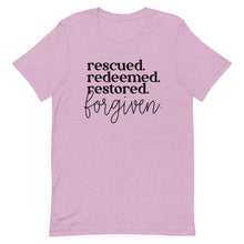 Load image into Gallery viewer, Rescued Redeemed Restored Forgiven Unisex short sleeve T-Shirt