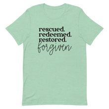 Load image into Gallery viewer, Rescued Redeemed Restored Forgiven Unisex short sleeve T-Shirt