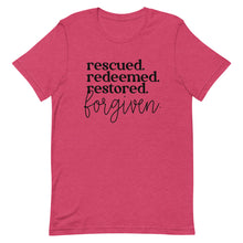 Load image into Gallery viewer, Rescued Redeemed Restored Forgiven Unisex short sleeve T-Shirt