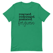 Load image into Gallery viewer, Rescued Redeemed Restored Forgiven Unisex short sleeve T-Shirt