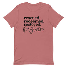 Load image into Gallery viewer, Rescued Redeemed Restored Forgiven Unisex short sleeve T-Shirt
