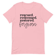 Load image into Gallery viewer, Rescued Redeemed Restored Forgiven Unisex short sleeve T-Shirt