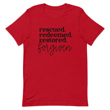 Load image into Gallery viewer, Rescued Redeemed Restored Forgiven Unisex short sleeve T-Shirt
