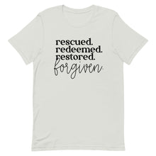Load image into Gallery viewer, Rescued Redeemed Restored Forgiven Unisex short sleeve T-Shirt