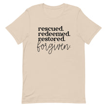 Load image into Gallery viewer, Rescued Redeemed Restored Forgiven Unisex short sleeve T-Shirt