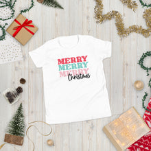 Load image into Gallery viewer, Christmas collection: Merry Merry Merry Christmas Youth Short Sleeve T-Shirt