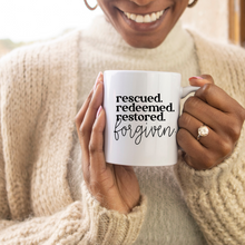 Load image into Gallery viewer, Rescued Redeemed Restored Forgiven mug with one design choice

