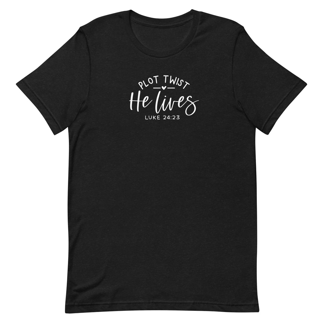 Easter Collection: He lives in White font Unisex short sleeve t-shirt
