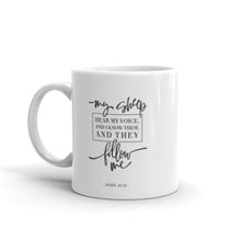 Load image into Gallery viewer, My sheep hear my voice mug with one design choice
