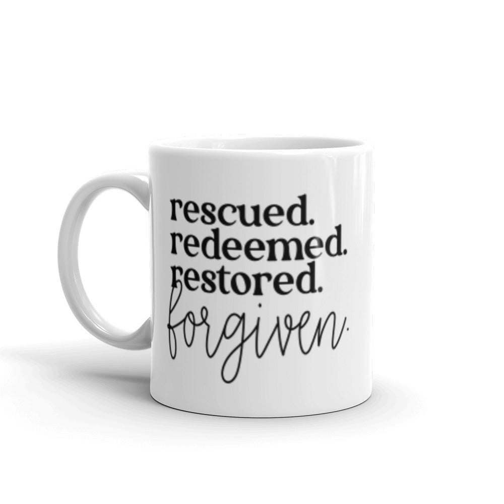 Rescued Redeemed Restored Forgiven mug with one design choice