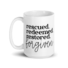 Load image into Gallery viewer, Rescued Redeemed Restored Forgiven mug with one design choice
